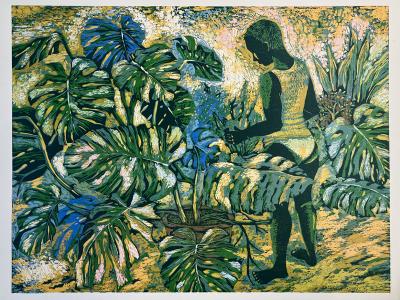 Keeper of plants, an artwork by Anupa Gardner. A boy reaches out towards a monstera plant. 