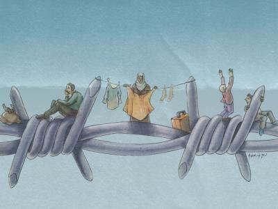 Til Debt Do US Part, by Hamit Gış: a cartoon of tiny figures standing on barbed wire. 