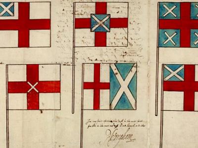 Rejected designs for the union flag, 1603-04. Original document held in the National Library of Scotland. Rejected designs for the union flag, 1604. Original held in the National Library of Scotland.