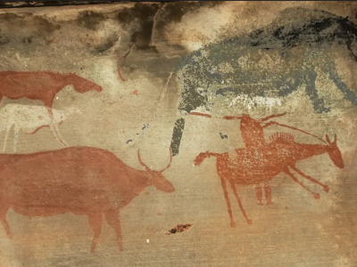 Painting of a raider on horseback (bottom right) with a musket and domestic stock.